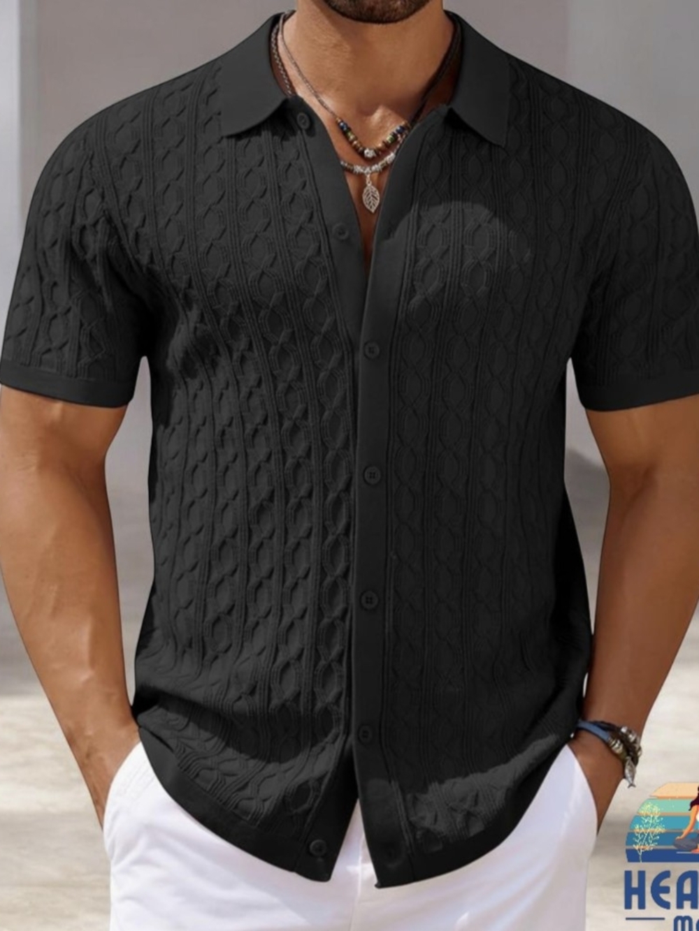 Men's Large Knit Short Sleeve Shirts Button Down Vintage Knitted Polo Shirt